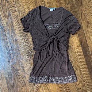 Brown Lace-Trimmed Girls Blouse Camisole and Shrug Set